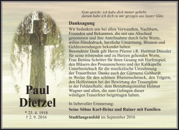 Traueranzeige von Paul Dietzel von Südthüringer Presse