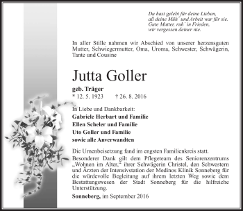 Traueranzeige von Jutta Goller von Südthüringer Presse