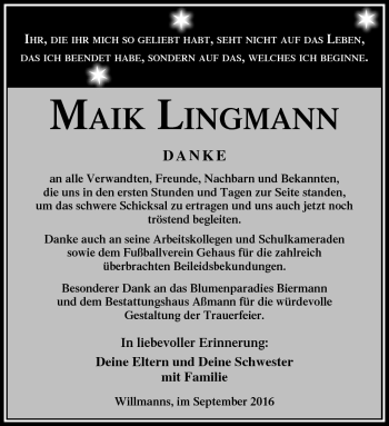 Traueranzeige von Maik Lingmann von Südthüringer Presse