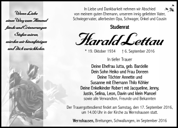 Traueranzeige von Harald Lettau von Südthüringer Presse