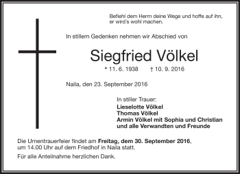 Traueranzeige von Siegfried Völkel von Frankenpost