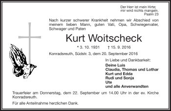 Traueranzeige von Kurt Woitschek von Frankenpost