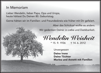 Traueranzeige von Wendelin Weisheit von Südthüringer Presse