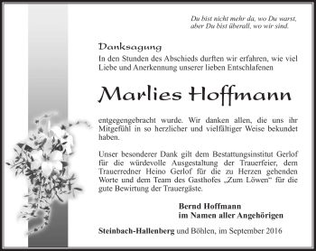 Traueranzeige von Marlies Hoffmann von Südthüringer Presse