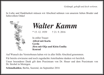 Traueranzeige von Walter Kamm von Südthüringer Presse