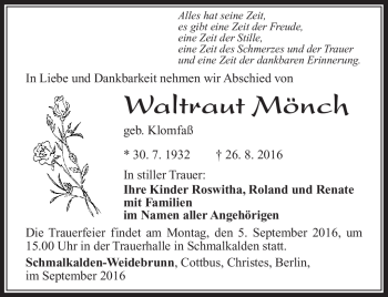Traueranzeige von Waltraut Mönch von Südthüringer Presse