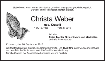 Traueranzeige von Christa Weber von Neue Presse Coburg