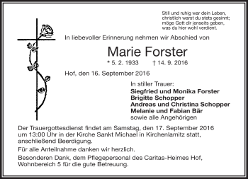 Traueranzeige von Marie Forster von Frankenpost