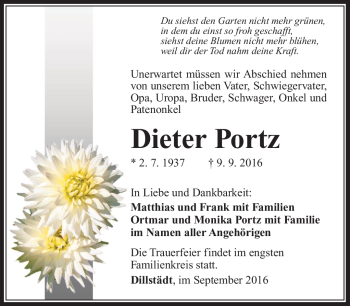 Traueranzeige von Dieter Portz von Südthüringer Presse