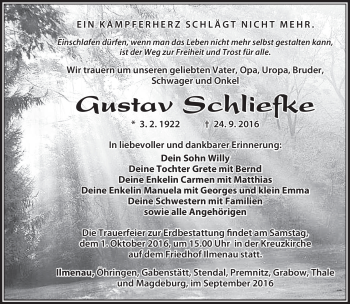 Traueranzeige von Gustav Schliefke von Südthüringer Presse