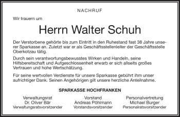 Traueranzeige von Walter Schuh von Frankenpost