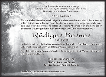Traueranzeige von Rüdiger Berner von Südthüringer Presse