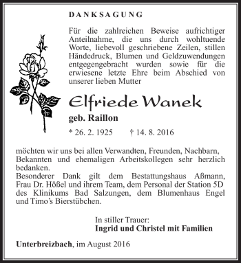 Traueranzeige von Elfriede Wanek von Südthüringer Presse
