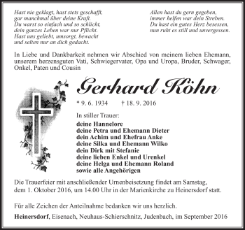 Traueranzeige von Gerhard Köhn von Südthüringer Presse