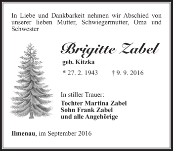 Traueranzeige von Brigitte Zabel von Südthüringer Presse