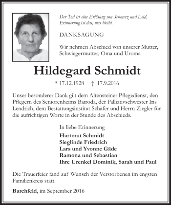 Traueranzeige von Hildegard Schmidt von Südthüringer Presse