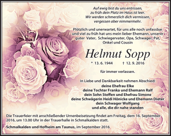 Traueranzeige von Helmut Sopp von Südthüringer Presse