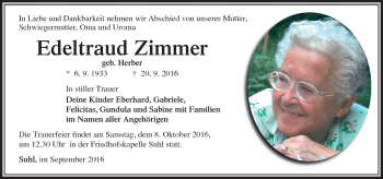 Traueranzeige von Edeltraud Zimmer von Südthüringer Presse
