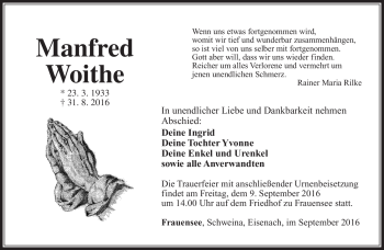 Traueranzeige von Manfred Woithe von Südthüringer Presse