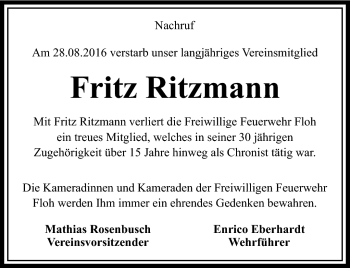 Traueranzeige von Fritz Ritzmann von Südthüringer Presse