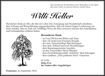 Traueranzeige von Willi Heller von Südthüringer Presse