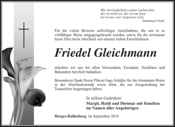 Traueranzeige von Friedel Gleichmann von Südthüringer Presse