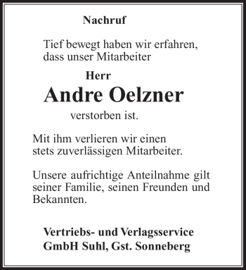 Traueranzeige von Andre Oelzner von Südthüringer Presse