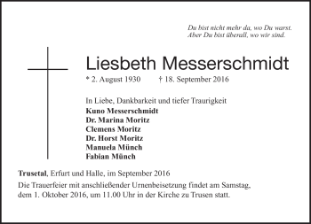 Traueranzeige von Liesbeth Messerschmidt von Südthüringer Presse