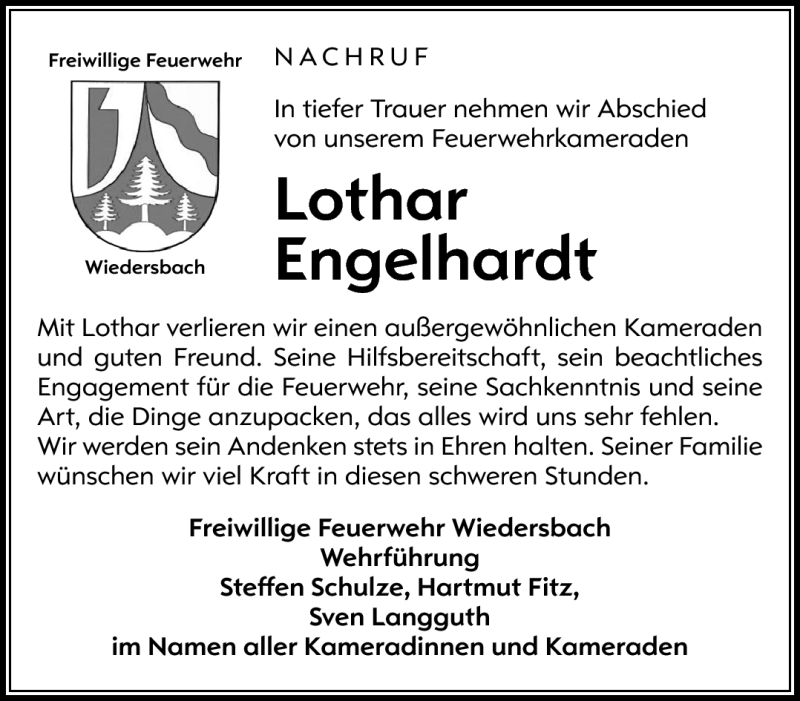  Traueranzeige für Lothar Engelhardt vom 14.09.2016 aus Südthüringer Presse