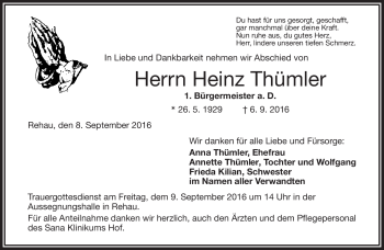 Traueranzeige von Heinz Thümler von Frankenpost
