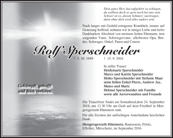Traueranzeige von Rolf Sperschneider von Südthüringer Presse