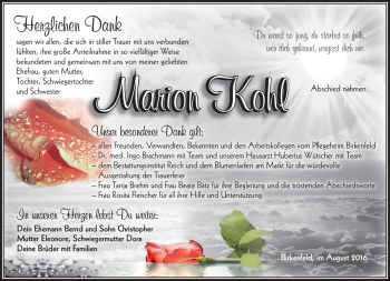 Traueranzeige von Marion Kohl von Südthüringer Presse