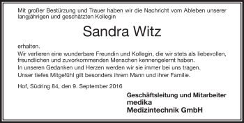 Traueranzeige von Sandra Witz von Frankenpost