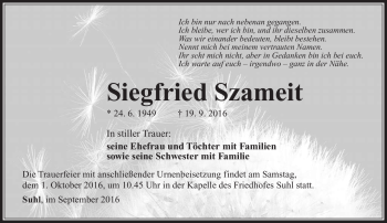 Traueranzeige von Siegfried Szameit von Südthüringer Presse