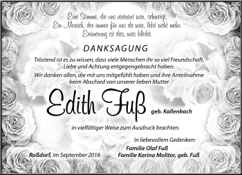 Traueranzeige von Edith Fuß von Südthüringer Presse