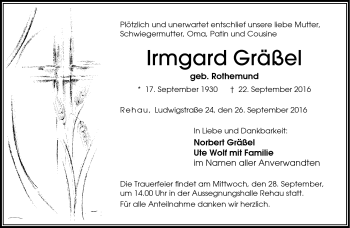 Traueranzeige von Irmgard Gräßel von Frankenpost