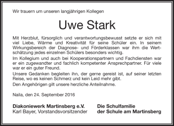 Traueranzeige von Uwe Stark von Frankenpost