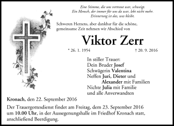 Traueranzeige von Viktor Zerr von Neue Presse Coburg