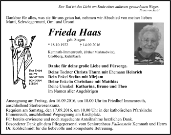 Traueranzeige von Frieda Haas von Frankenpost