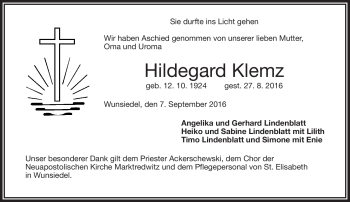 Traueranzeige von Hildegard Klemz von Frankenpost