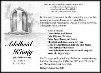 Traueranzeige von Adelheid König von Südthüringer Presse