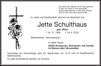 Traueranzeige von Jette Schulthaus von Frankenpost