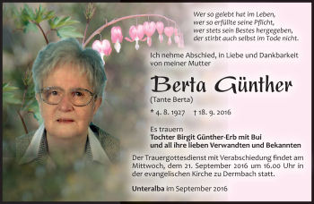 Traueranzeige von Berta Günther von Südthüringer Presse