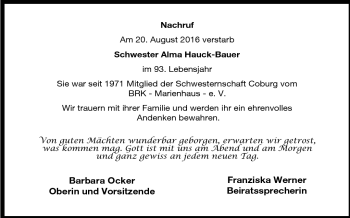 Traueranzeige von Alma Hauck-Bauer von Südthüringer Presse