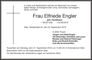 Traueranzeige von Elfriede Engler von Frankenpost