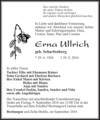 Traueranzeige von Erna Ullrich von Südthüringer Presse