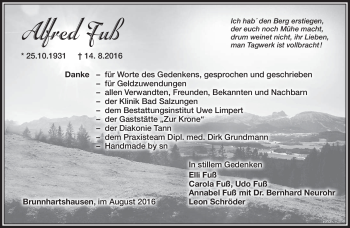 Traueranzeige von Alfred Fuß von Südthüringer Presse