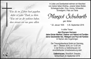 Traueranzeige von Margot Schubarth von Südthüringer Presse