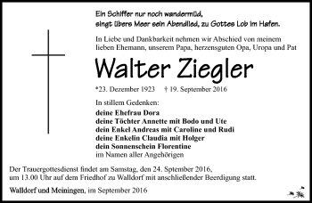 Traueranzeige von Walter Ziegler von Südthüringer Presse