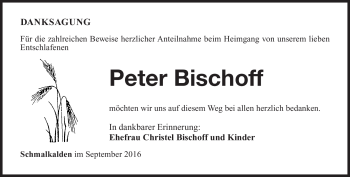 Traueranzeige von Peter Bischoff von Südthüringer Presse